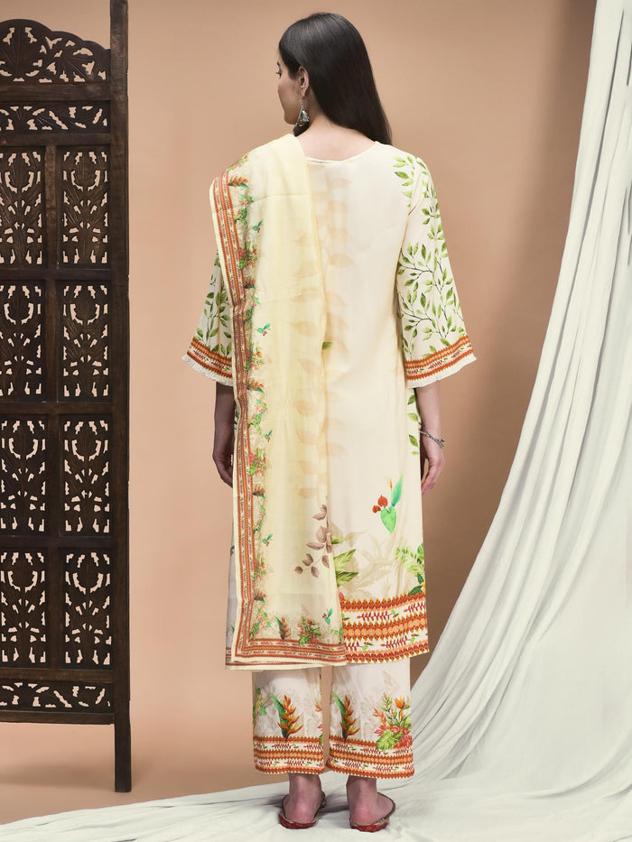 Women Liva Cream Floral Print Kurta Comfort Pant Dupatta.