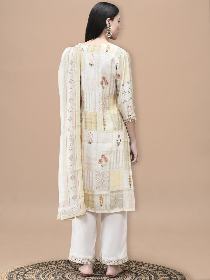 Women Liva Cream Floral Print Kurta Comfort Pant Dupatta.