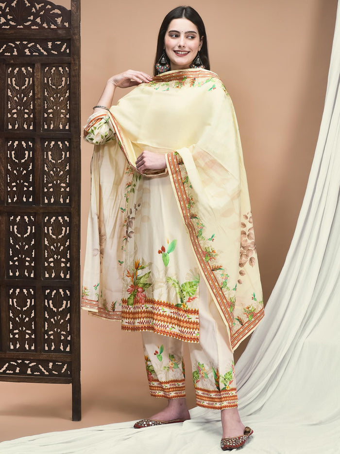 Women Liva Cream Floral Print Kurta Comfort Pant Dupatta.