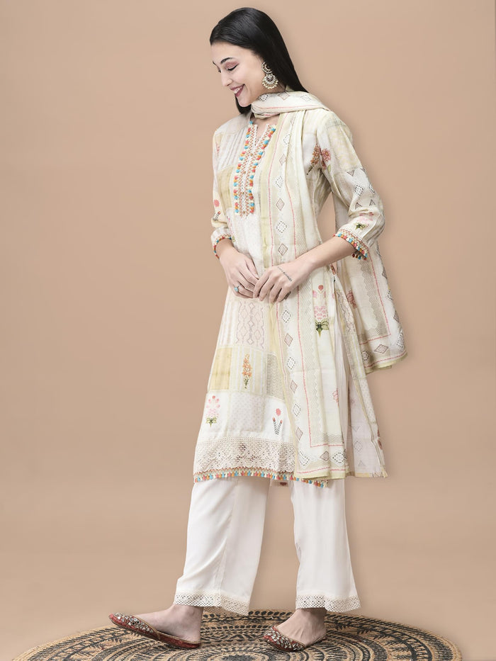 Women Liva Cream Floral Print Kurta Comfort Pant Dupatta.