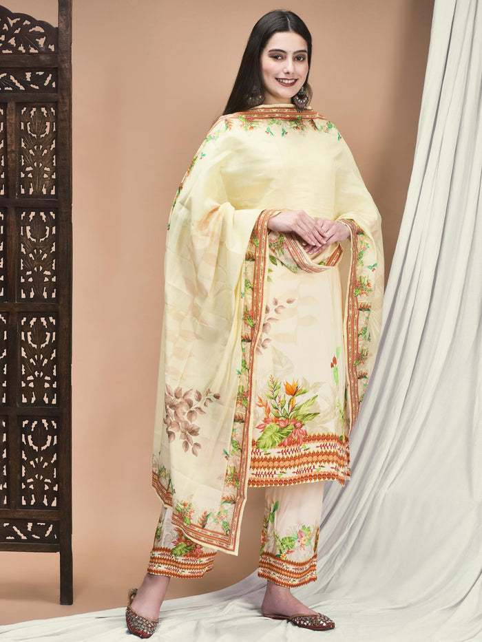 Women Liva Cream Floral Print Kurta Comfort Pant Dupatta.