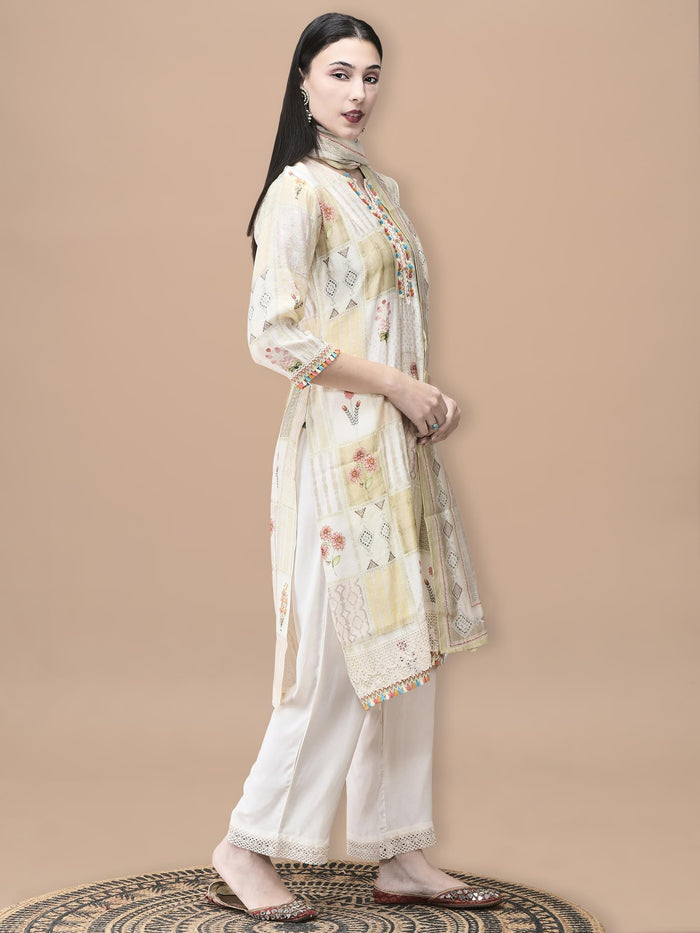 Women Liva Cream Floral Print Kurta Comfort Pant Dupatta.
