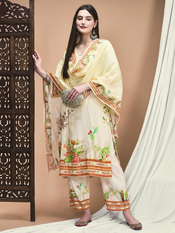 Women Liva Cream Floral Print Kurta Comfort Pant Dupatta.