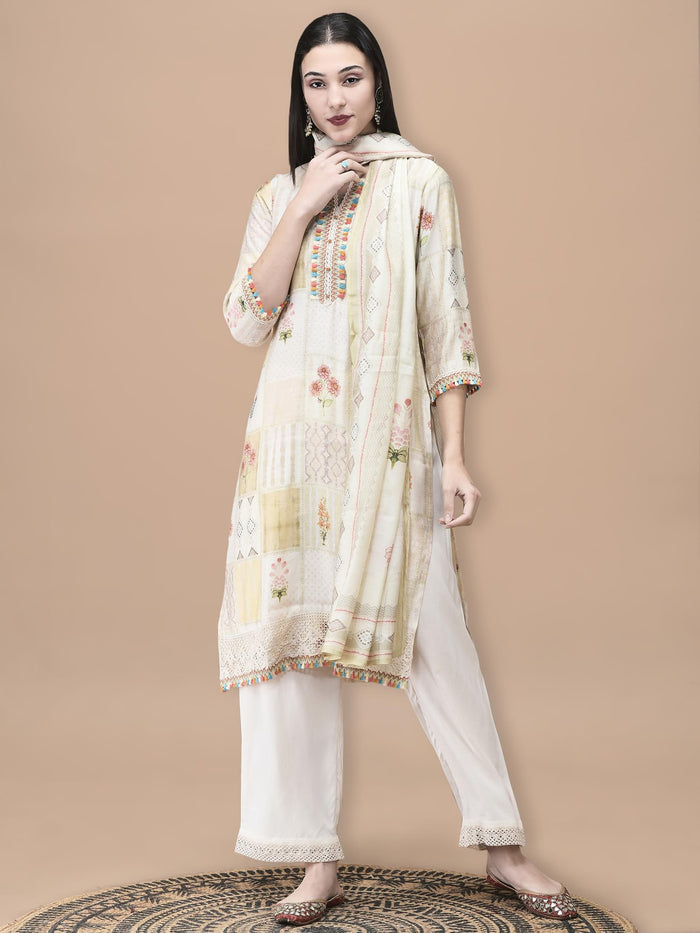 Women Liva Cream Floral Print Kurta Comfort Pant Dupatta.