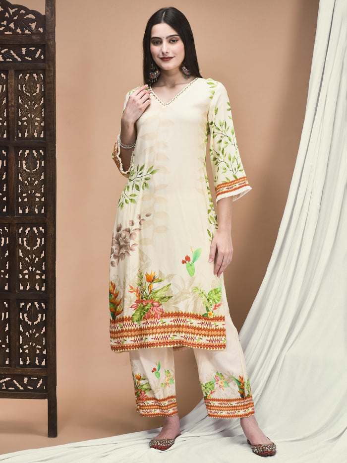 Women Liva Cream Floral Print Kurta Comfort Pant Dupatta.