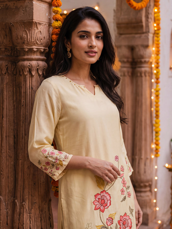 Women Liva Cream Floral Print Kurta Comfort Pant Dupatta
