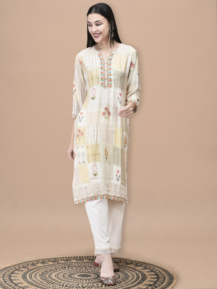 Women Liva Cream Floral Print Kurta Comfort Pant Dupatta.