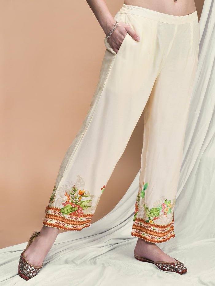 Women Liva Cream Floral Print Kurta Comfort Pant Dupatta.