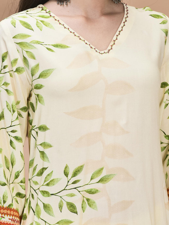 Women Liva Cream Floral Print Kurta Comfort Pant Dupatta.