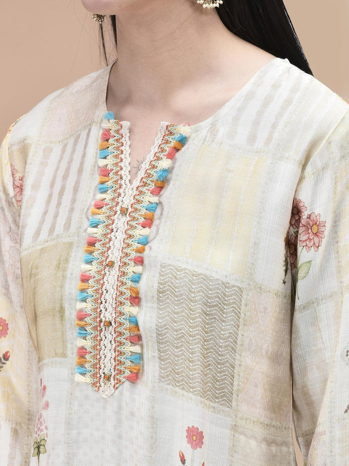 Women Liva Cream Floral Print Kurta Comfort Pant Dupatta.