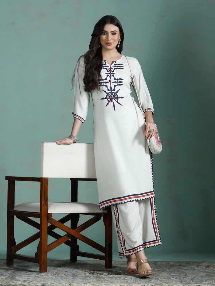 Women Liva Cream Printed Kurta With Comfort Pant.