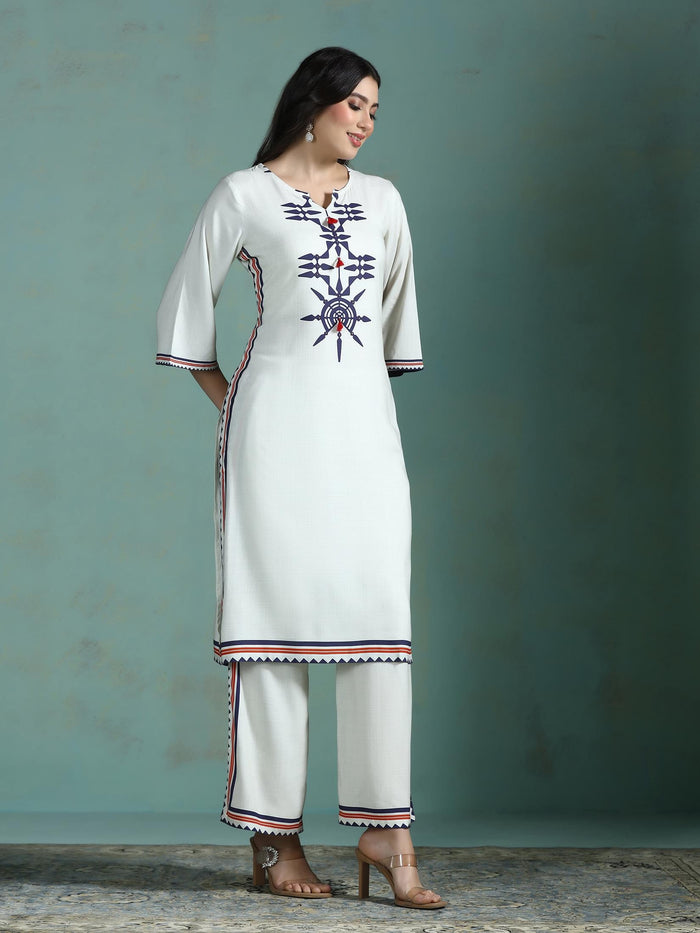 Women Liva Cream Printed Kurta With Comfort Pant.