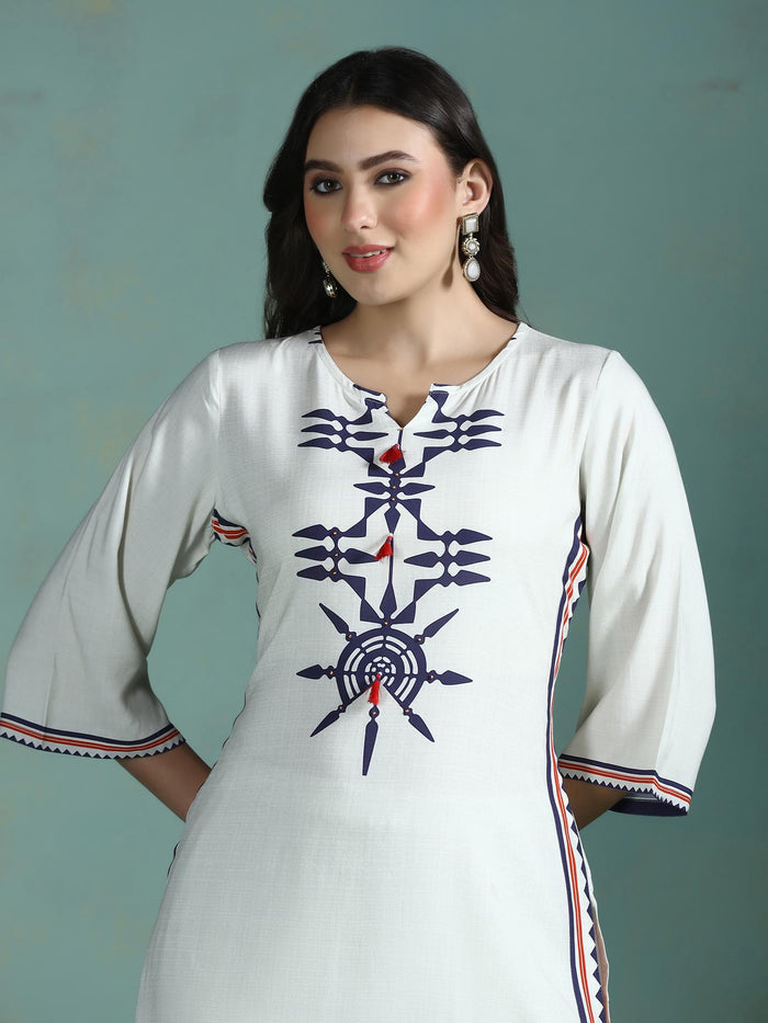 Women Liva Cream Printed Kurta With Comfort Pant.
