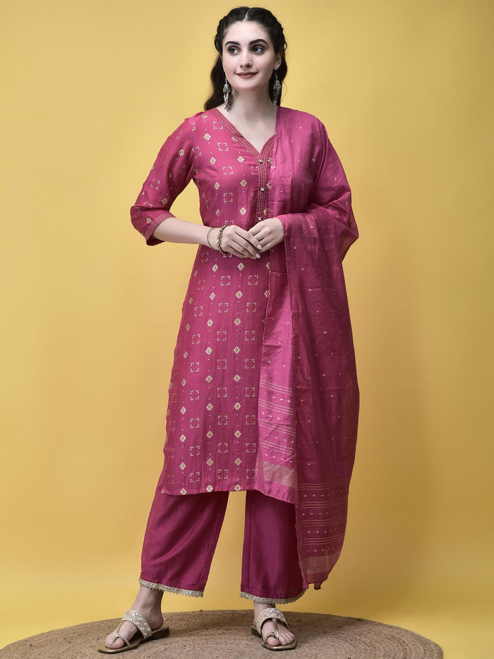 Women Liva Fuchsia Pink Geometric Print Kurta Comfort Pant Chanderi Dupatta.