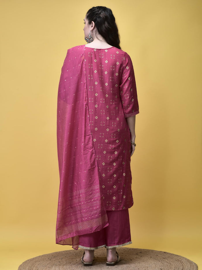 Women Liva Fuchsia Pink Geometric Print Kurta Comfort Pant Chanderi Dupatta.