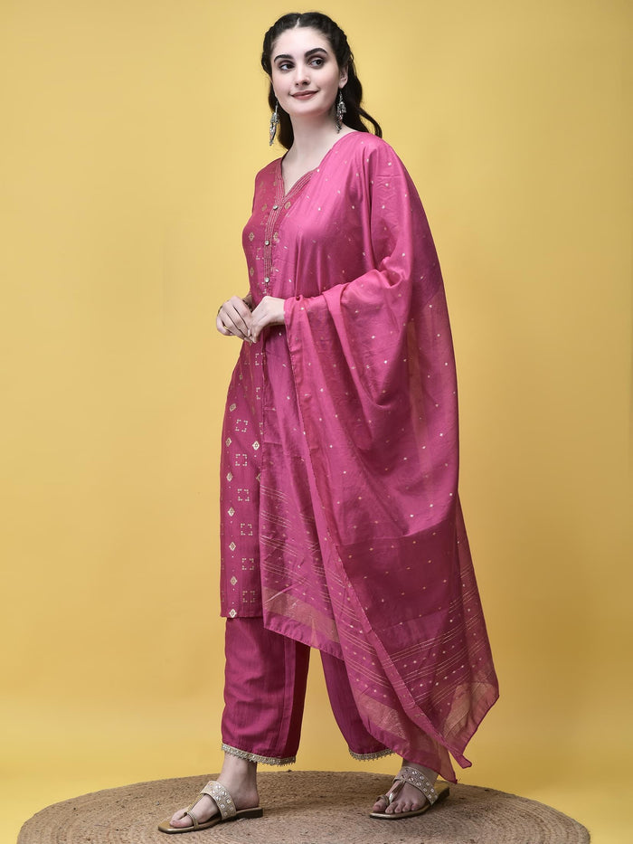 Women Liva Fuchsia Pink Geometric Print Kurta Comfort Pant Chanderi Dupatta.