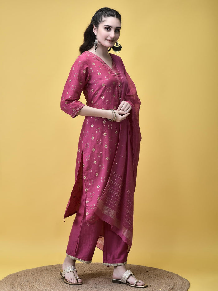 Women Liva Fuchsia Pink Geometric Print Kurta Comfort Pant Chanderi Dupatta.