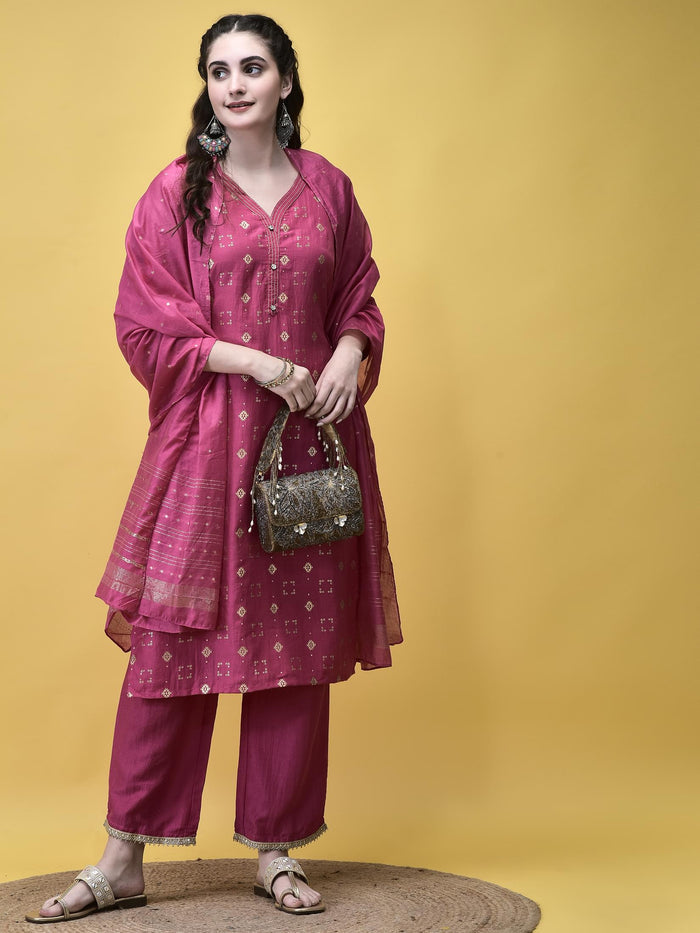 Women Liva Fuchsia Pink Geometric Print Kurta Comfort Pant Chanderi Dupatta.