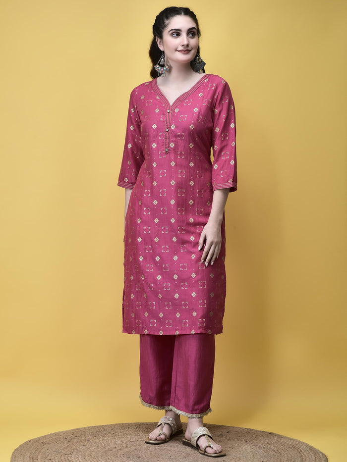 Women Liva Fuchsia Pink Geometric Print Kurta Comfort Pant Chanderi Dupatta.