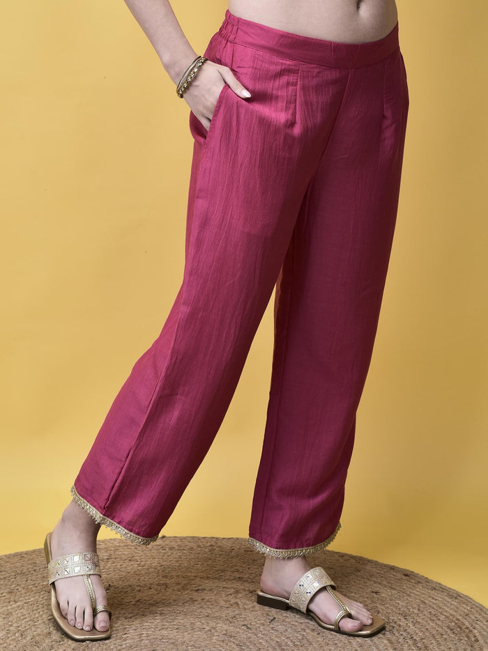 Women Liva Fuchsia Pink Geometric Print Kurta Comfort Pant Chanderi Dupatta.