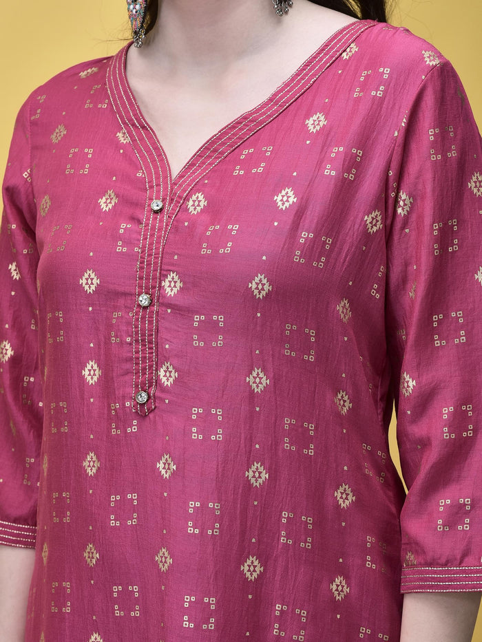 Women Liva Fuchsia Pink Geometric Print Kurta Comfort Pant Chanderi Dupatta.
