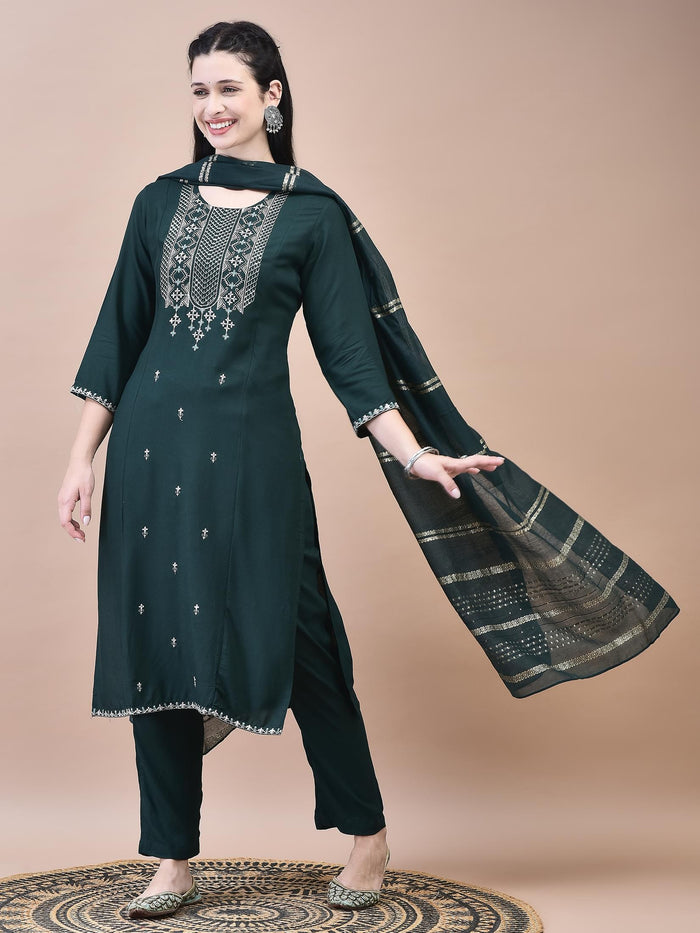 Women Liva Green Embroidered Kurta Trouser with Chanderi Dupatta.