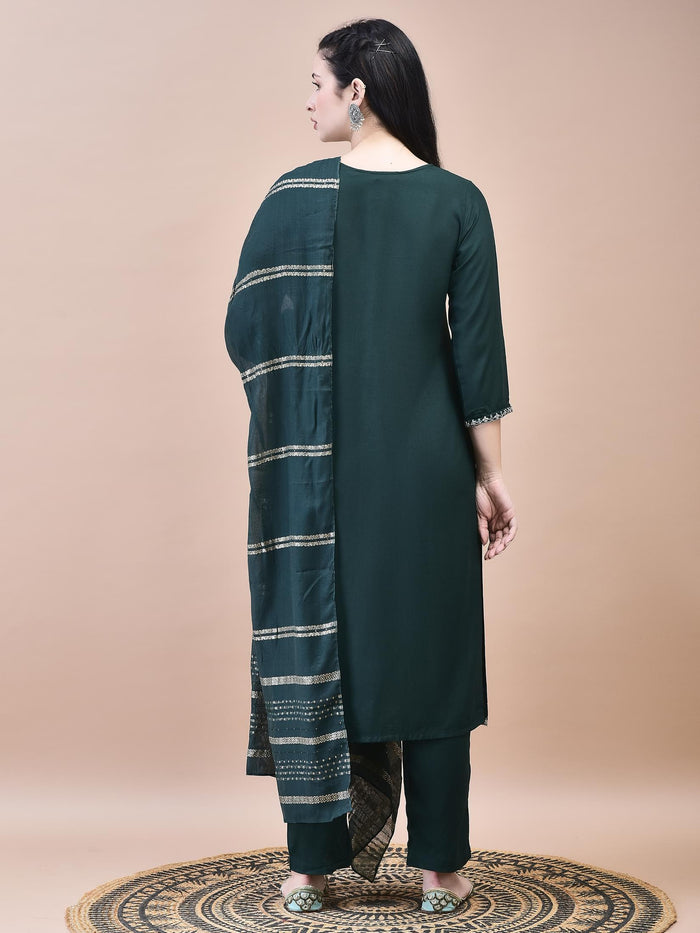 Women Liva Green Embroidered Kurta Trouser with Chanderi Dupatta.