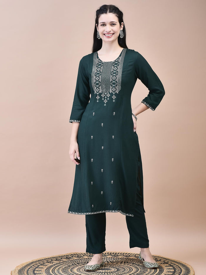 Women Liva Green Embroidered Kurta Trouser with Chanderi Dupatta.