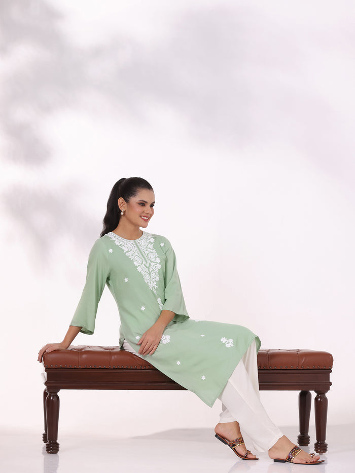 Women Liva Green Embroidered Kurta