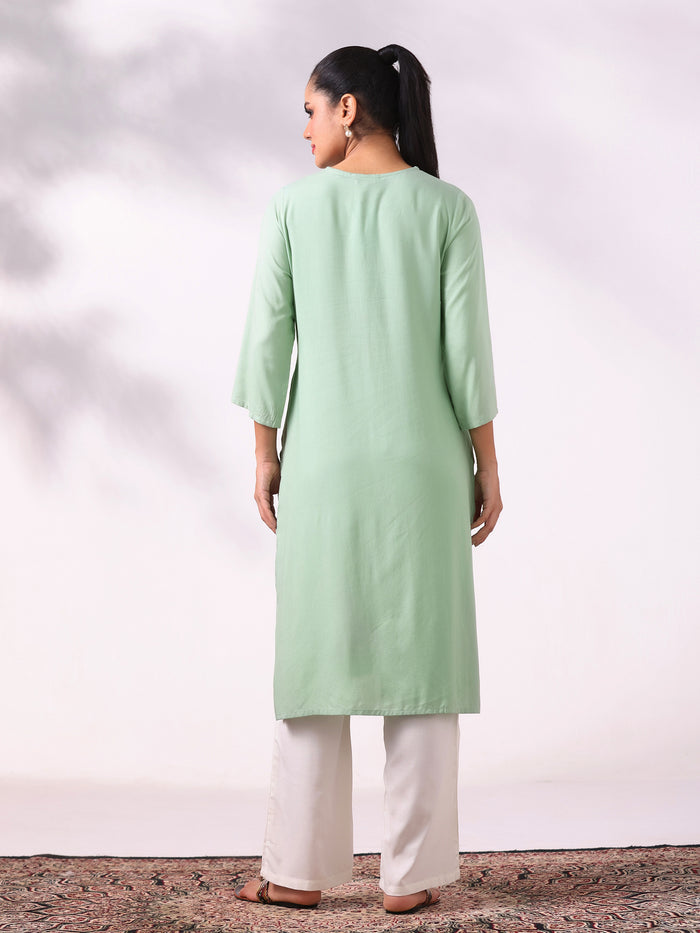 Women Liva Green Embroidered Kurta