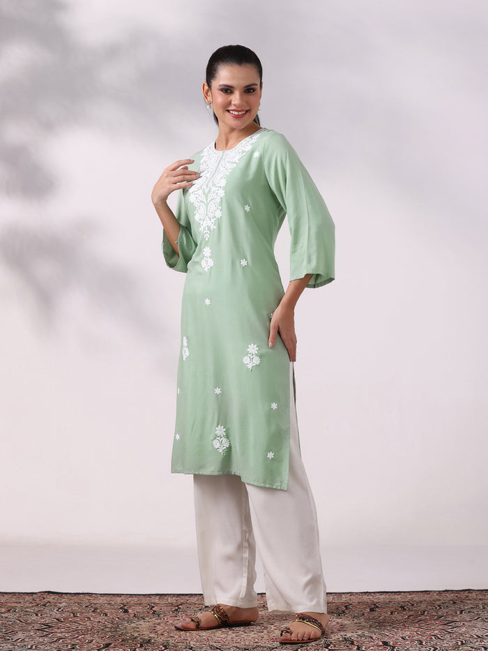 Women Liva Green Embroidered Kurta