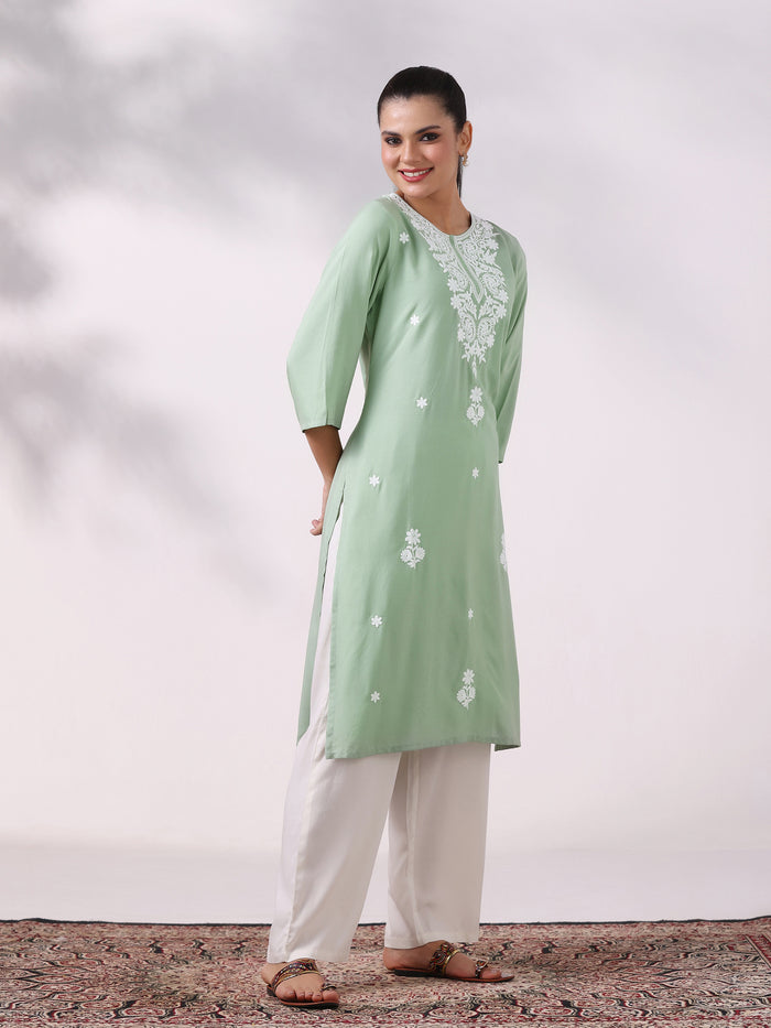 Women Liva Green Embroidered Kurta