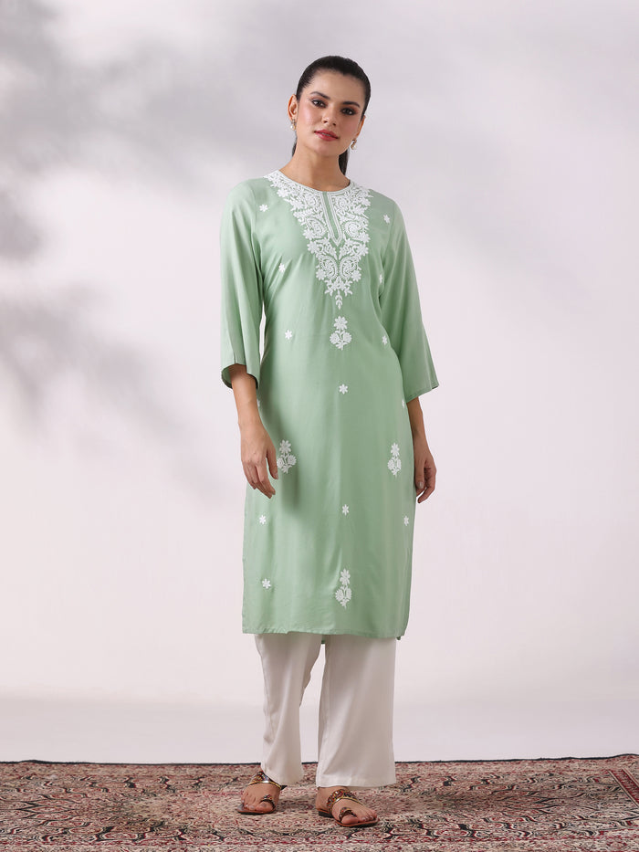 Women Liva Green Embroidered Kurta