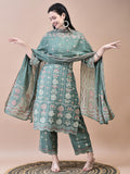 Women Liva Green Floral Print Kurta Comfort Pant Dupatta.