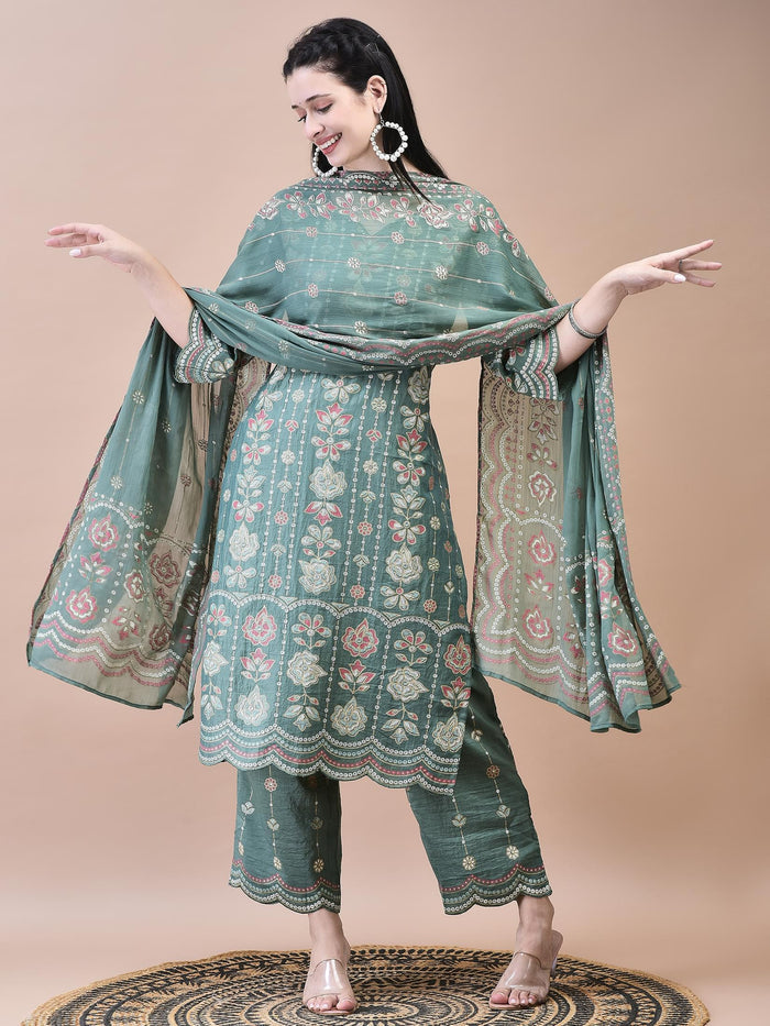 Women Liva Green Floral Print Kurta Comfort Pant Dupatta.