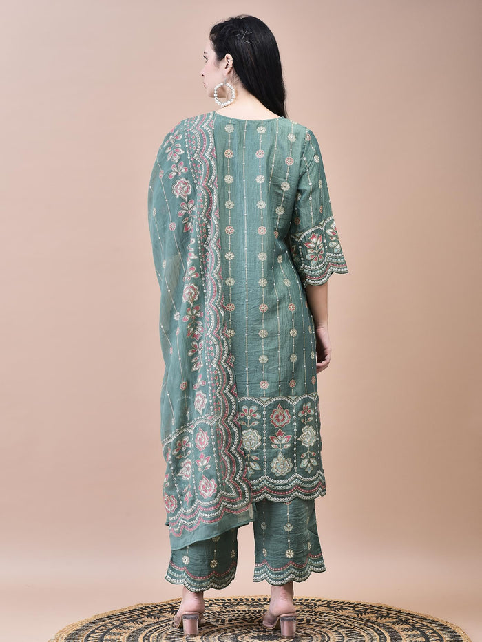 Women Liva Green Floral Print Kurta Comfort Pant Dupatta.