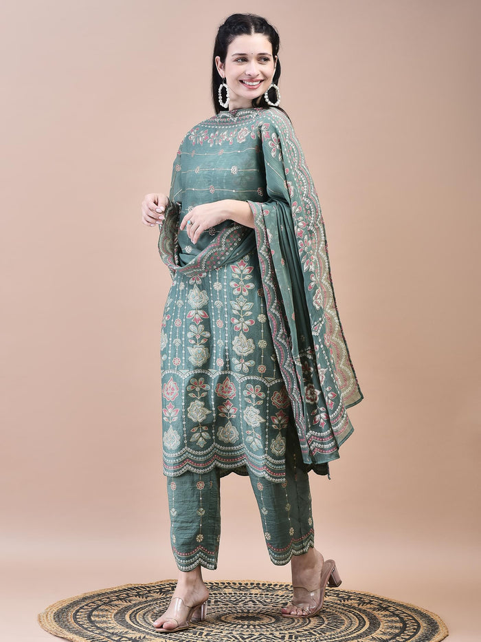 Women Liva Green Floral Print Kurta Comfort Pant Dupatta.