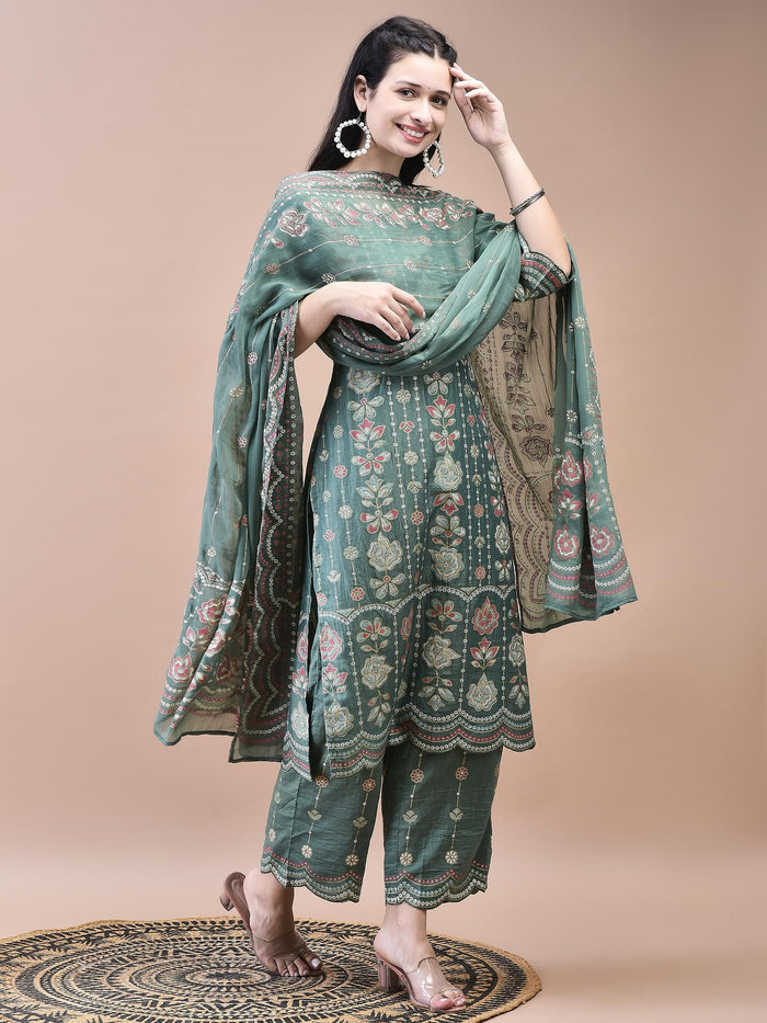 Women Liva Green Floral Print Kurta Comfort Pant Dupatta.
