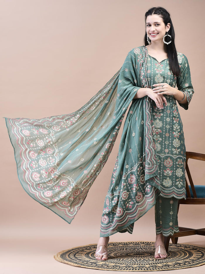 Women Liva Green Floral Print Kurta Comfort Pant Dupatta.