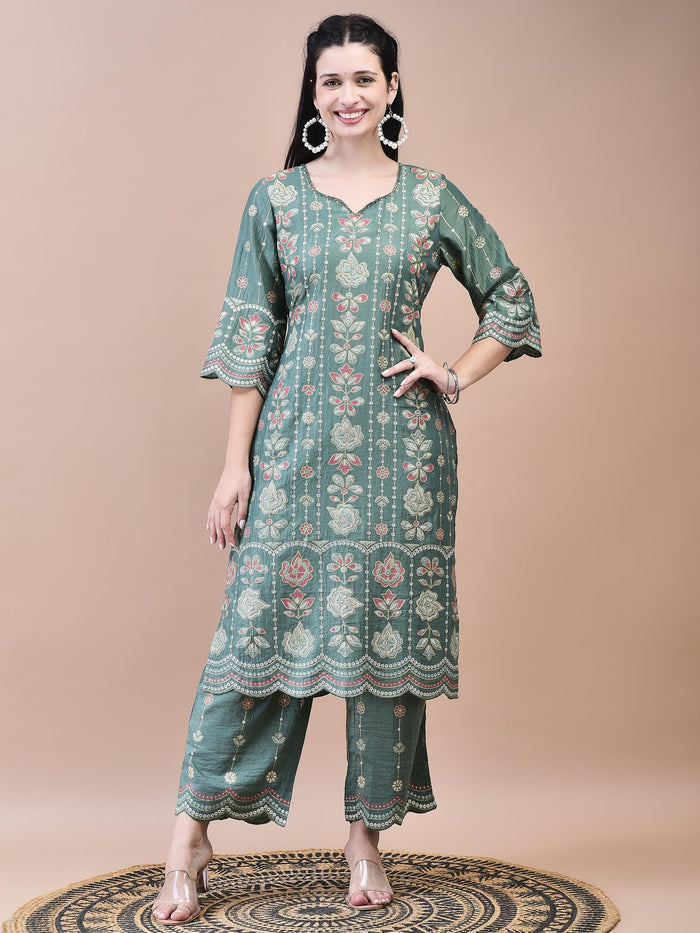 Women Liva Green Floral Print Kurta Comfort Pant Dupatta.