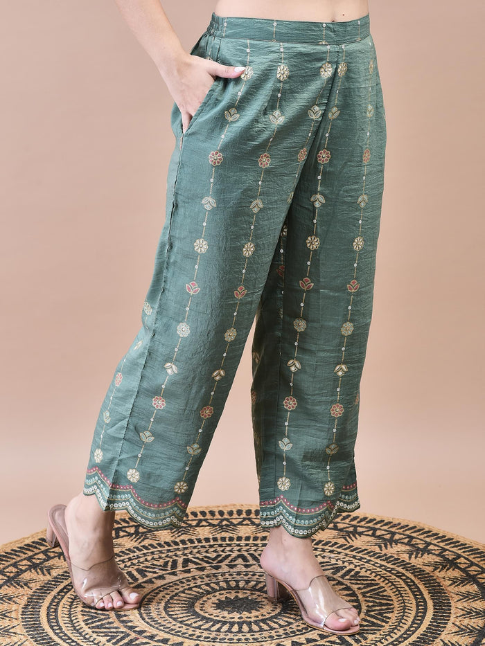 Women Liva Green Floral Print Kurta Comfort Pant Dupatta.