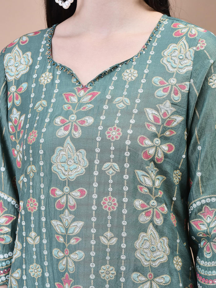 Women Liva Green Floral Print Kurta Comfort Pant Dupatta.