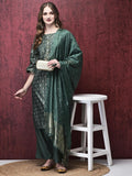 Women Liva Green Foil Print Kurta Comfort pant Dupatta.