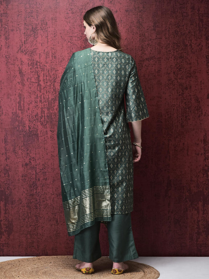 Women Liva Green Foil Print Kurta Comfort pant Dupatta.
