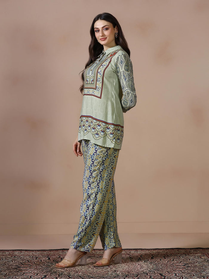 Women Liva Green Printed Co Ord Set.