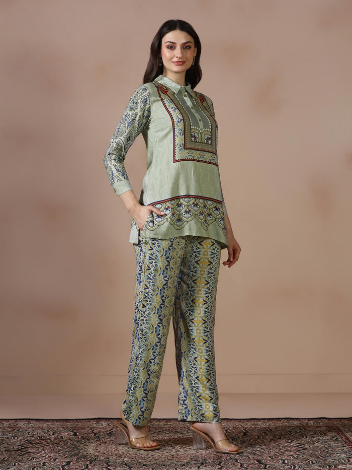Women Liva Green Printed Co Ord Set.
