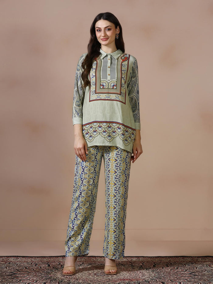 Women Liva Green Printed Co Ord Set.