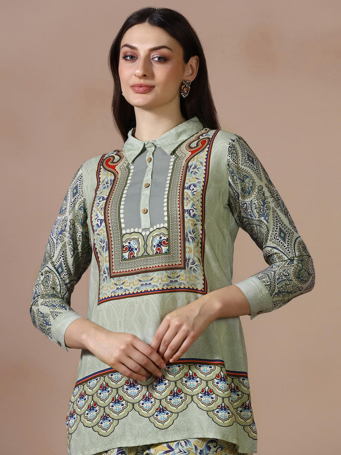 Women Liva Green Printed Co Ord Set.