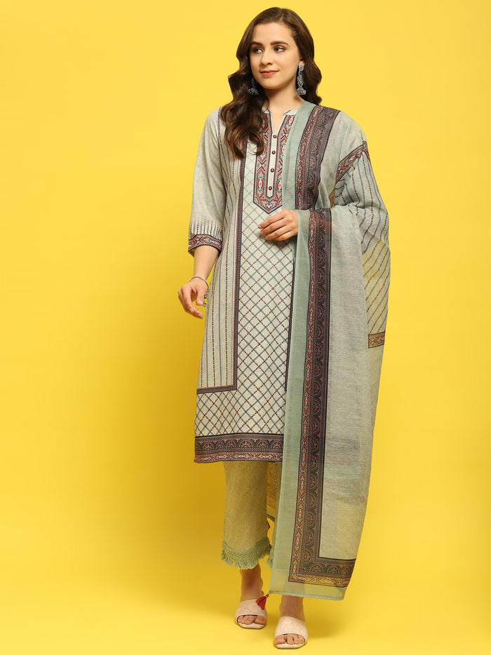 Women Liva Green Printed Kurta Comfort Pant Dupatta.