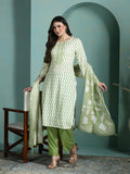 Women Liva Green Printed Kurta Comfort Pant Dupatta.